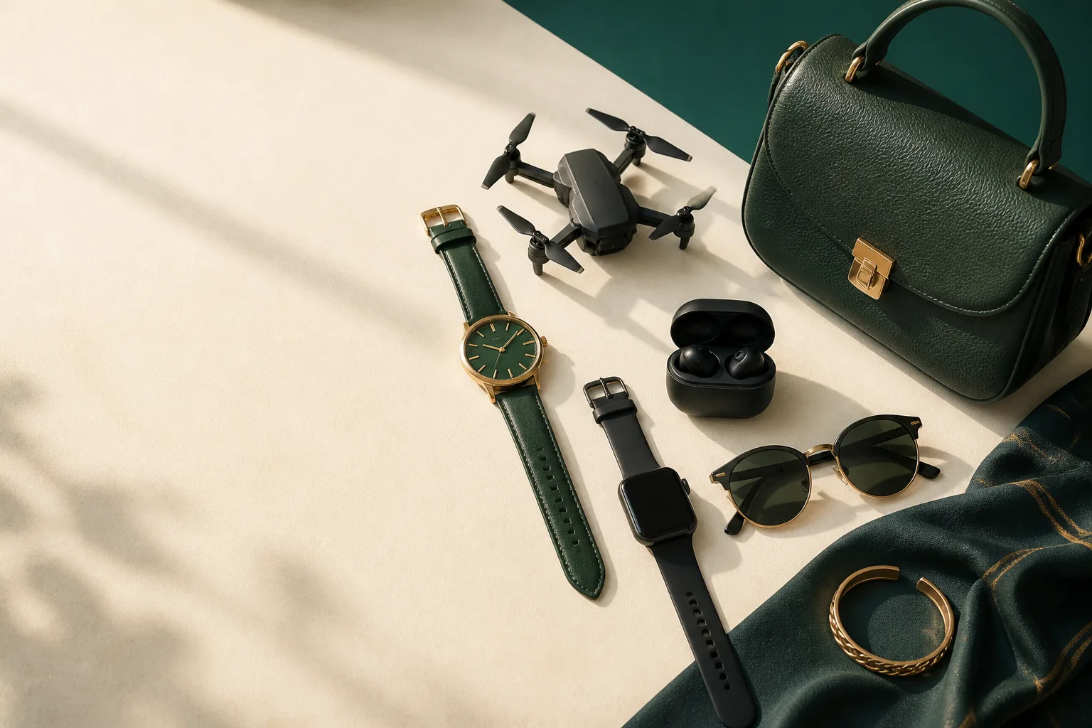 Curated watches, earbuds, sunglasses, a handbag and a drone