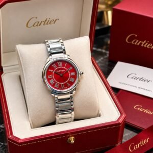 Cartier Red Dial Analog Wristwatch with Silver-Tone Metal Bracelet